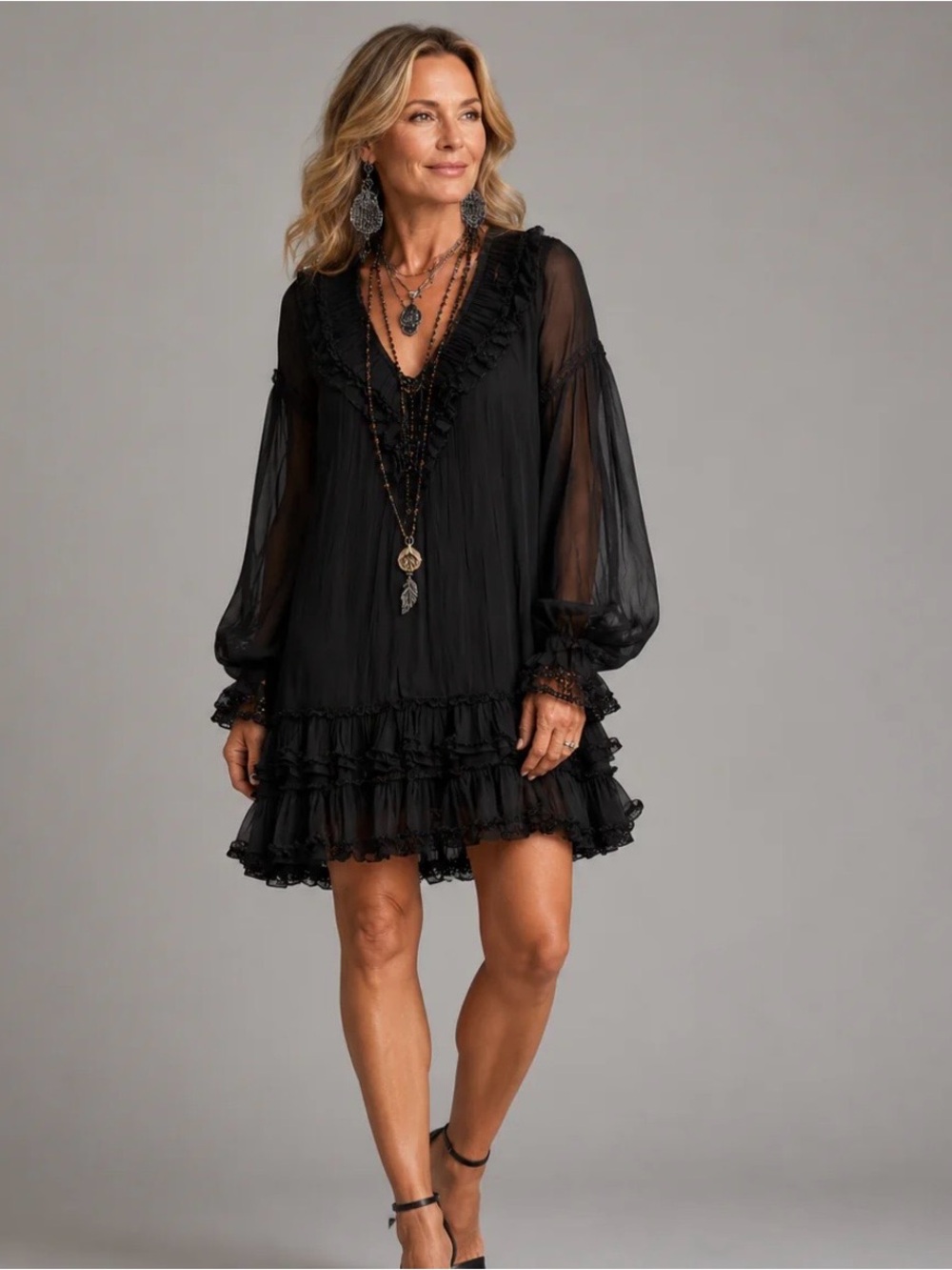 Sheer Ruffle V-Neck Black Babydoll Dress - Picture 2 of 4
